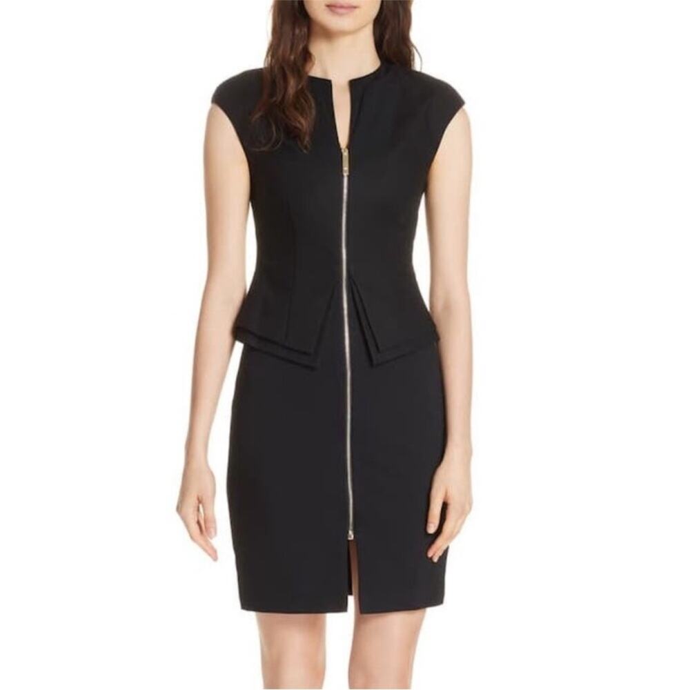 Ted Baker London black structured zip front peplum sheath dress size 2 US 6 NWT